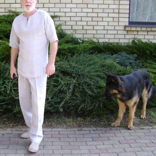 Mens Linen Summer Set, Long Trousers and Slim shops Fit T-Shirt, Pants with Elastic and Tie waistband, Side pockets, Comfortable Costume, Outfit