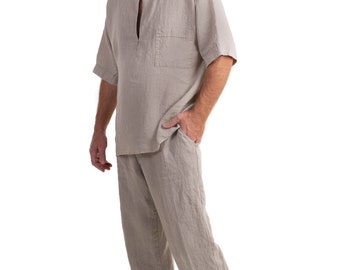 Mens Linen Shirt and Pants, Summer Set, Trouser with Drawstring and Elastic Waist and Side Pocket, Short Sleeve Shirt with Small Collar,