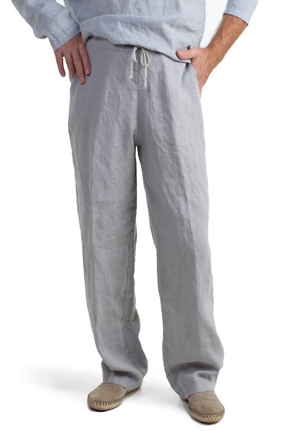 Linen Men's Long Trousers Regular Fit Pants With Elastic | Etsy