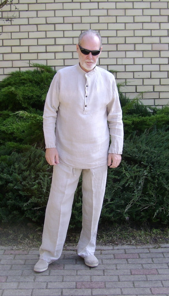 Mens Linen Pants & Shirt, 2 Pieces Linen Suit, Summer Set, Long  