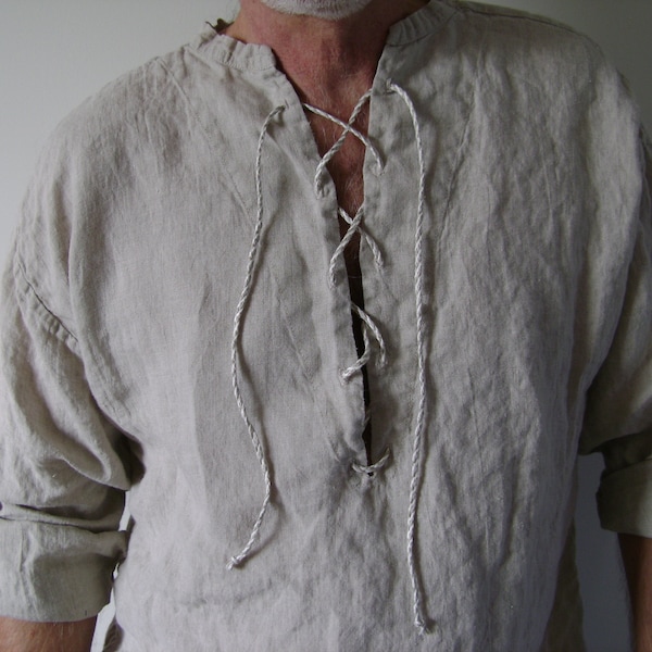 Men's Linen Shirt, V-Neck Fashion Shirt, Long Sleeve Casual Summer Shirt, Button Cuff, Front Clasp with Linen Cord and Small Collar Stand