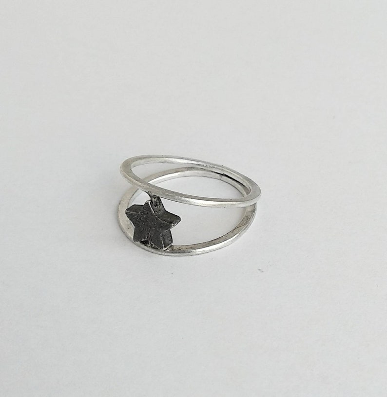 everyday rock charm Handmade sterling silver double ring with star celestial jewelry textured black perfect gift idea brutalist design