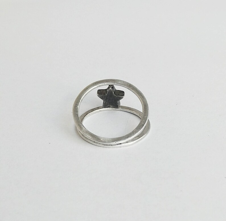 everyday rock charm Handmade sterling silver double ring with star celestial jewelry textured black perfect gift idea brutalist design