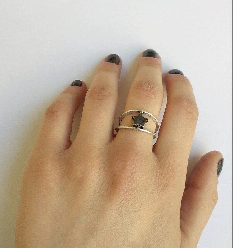 everyday rock charm Handmade sterling silver double ring with star celestial jewelry textured black perfect gift idea brutalist design