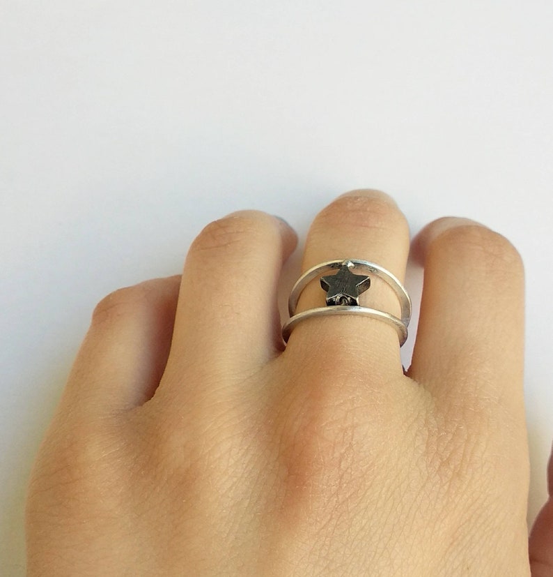 everyday rock charm Handmade sterling silver double ring with star celestial jewelry textured black perfect gift idea brutalist design