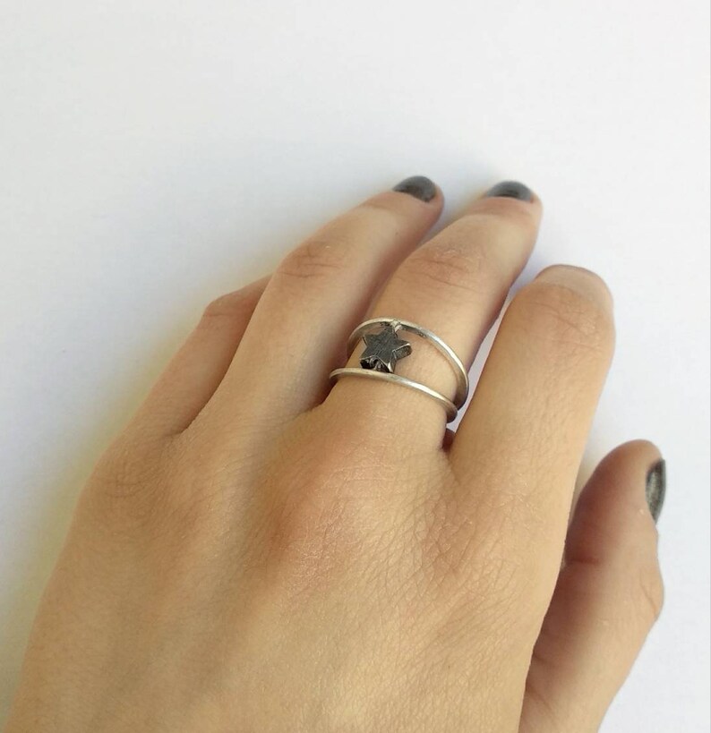everyday rock charm Handmade sterling silver double ring with star celestial jewelry textured black perfect gift idea brutalist design
