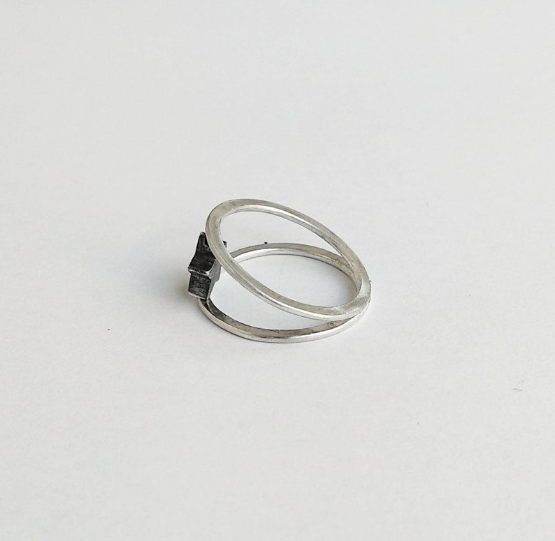 everyday rock charm Handmade sterling silver double ring with star celestial jewelry textured black perfect gift idea brutalist design