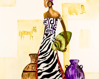 Veronica Fine Art Giclee Print, Original Watercolor African Painting, Abstract Art, Wall Art Decor, Art Gift, Colorful Woman, Tribal Art