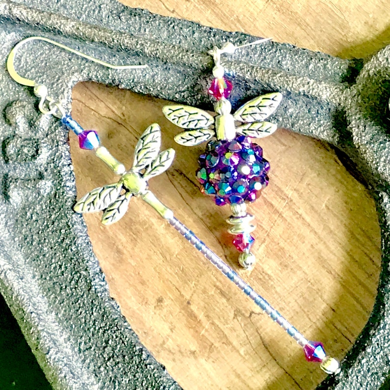 Purple Mismatch Beaded Bee and Beaded Dragonfly Mismatched earrings Bee /& Dragonfly earrings