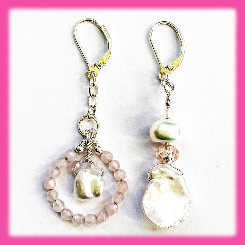 Sterling Silver Mismatched Rose Quartz /& Pearl Earrings Statement Earrings