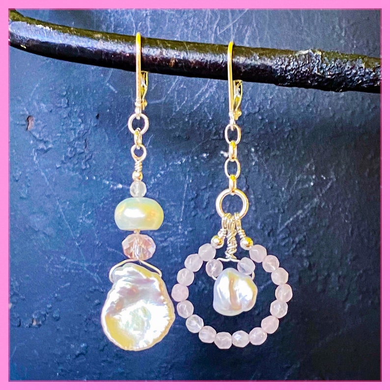 Sterling Silver Mismatched Rose Quartz /& Pearl Earrings Statement Earrings