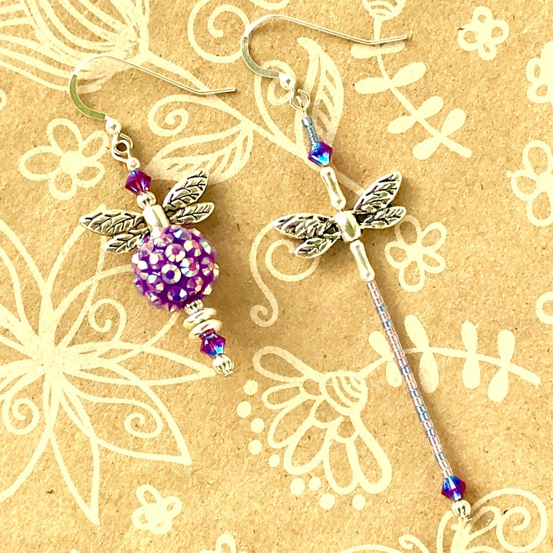 Purple Mismatch Beaded Bee and Beaded Dragonfly Mismatched earrings Bee /& Dragonfly earrings