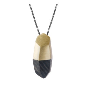 Long necklace with big black oak pendant / petrified wood pendant / silver and brass