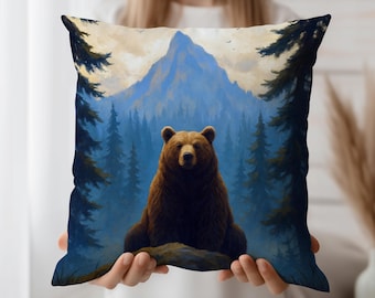 Bear Throw Pillow Cover – Mountain Forest Cushion Case with Wilderness Art, Rustic Cabin Decor Accent for Cozy Lodge or Nature Homes