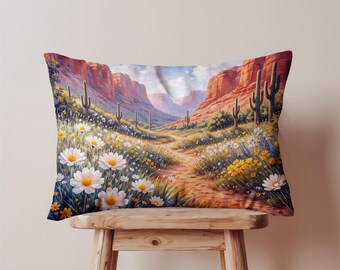 Desert Trail Lumbar Decorative Pillow Cover, Oblong Cushion Case, Cactus Floral Landscape Art