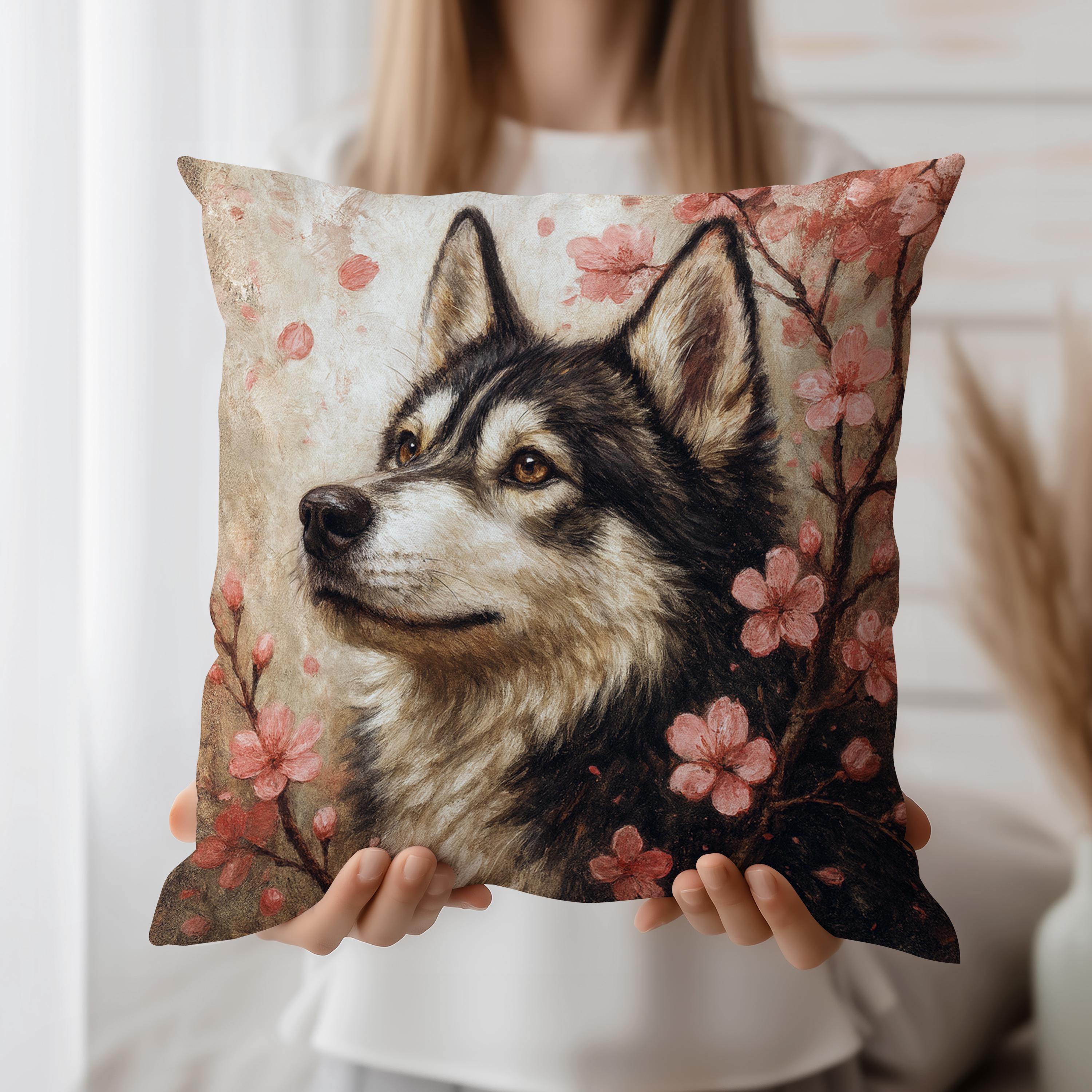 Needlepointシベリアンハスキー　クッションカバー ハスキー犬のクッションカバー、花柄のクッションカバー、ロマンチック