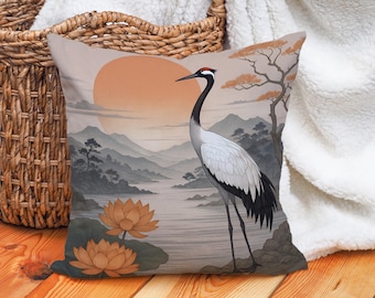 Japanese Crane Cushion Cover – Elegant Bird Throw Pillow Case, Lotus Sunset Art, Tranquil Asian Decor, Nature Landscape Accent