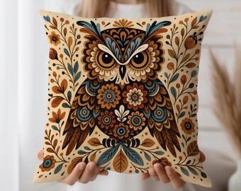 Boho Owl Cushion Cover, Folk Art Throw Pillow Case for Woodland Decor, Vintage Style Home Accent in Earthy Brown Blue Floral Design