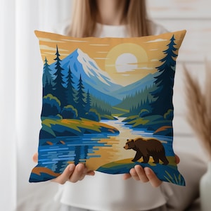 Mountain Bear Cushion Cover – Nature Throw Pillow Case with Forest River Sunset – Rustic Cabin Decor Accent – Insert Not Included