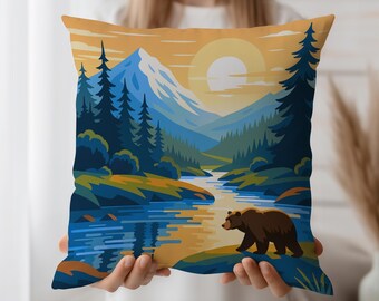 Mountain Bear Cushion Cover – Nature Throw Pillow Case with Forest River Sunset – Rustic Cabin Decor Accent – Insert Not Included