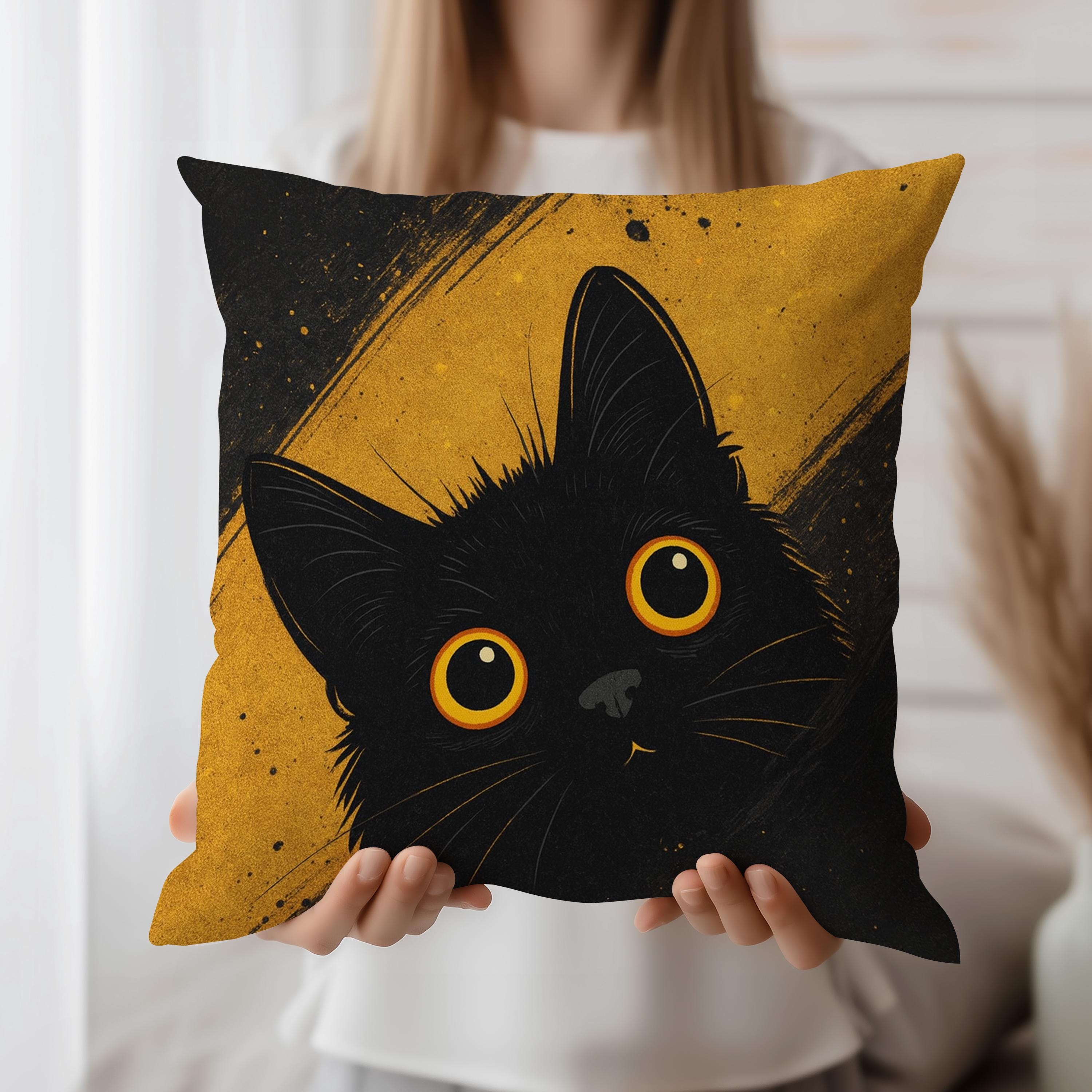 Black Cat Cushion Cover, Halloween Throw Pillow Case, Cute Yellow