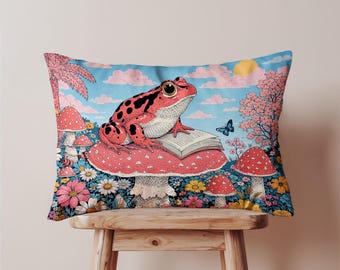 Cottagecore Frog Pillow Cover, Mushroom Lumbar Cushion, Whimsical Throw Pillow Case, Fantasy Toad Decor