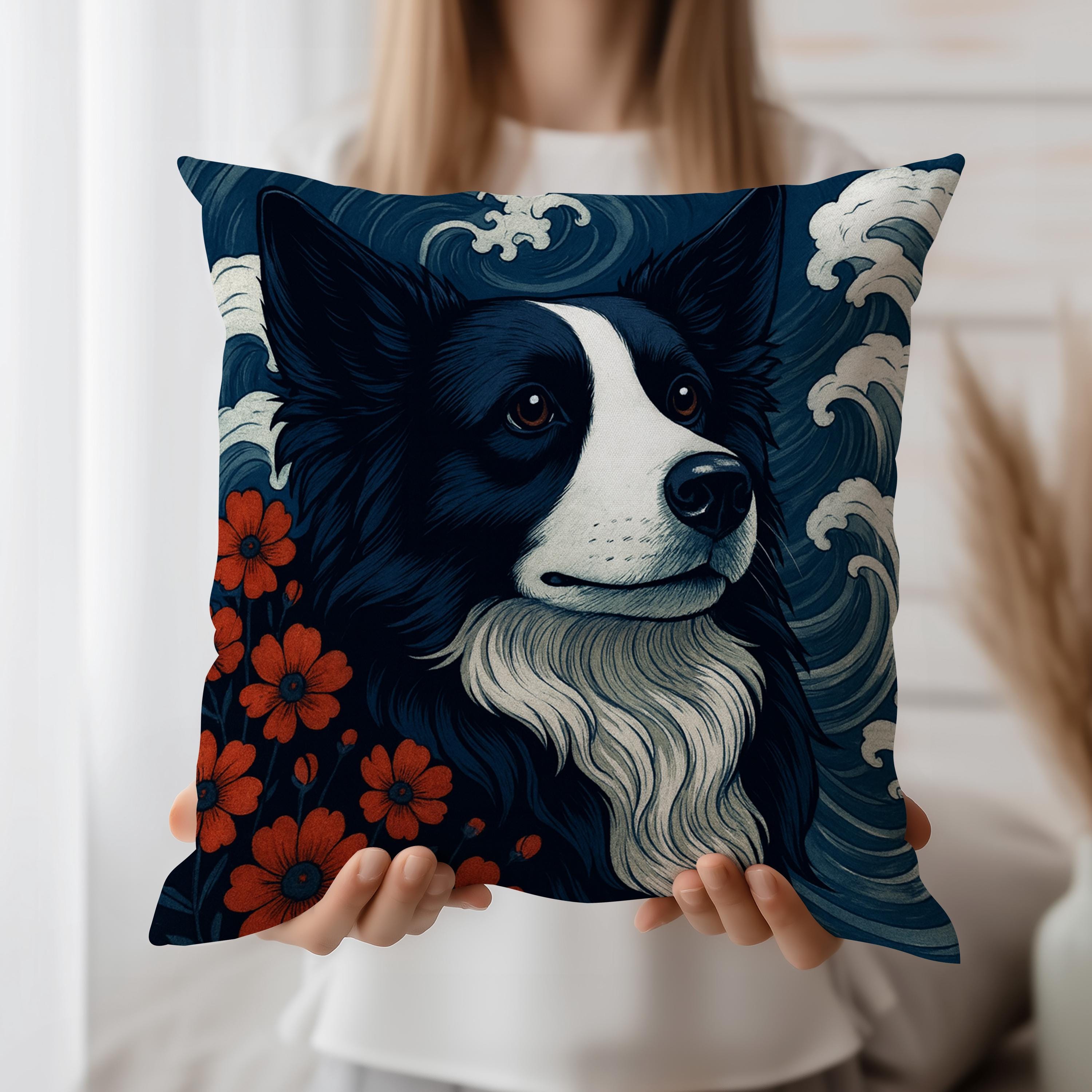 ボーダーコリーのクッションカバー – 波と花が描かれた芸術的な犬用
