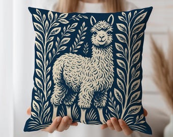 Llama Cushion Cover, Navy Folk Art Throw Pillow Case, Boho Farmhouse Animal Decor, Botanical Alpaca Sofa Accent, Whimsical Home Style
