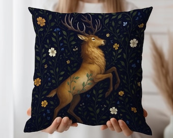 Stag cushion cover, Floral woodland throw pillow case, Botanical deer decor, Dark forest pillow, Mystical nature home accent