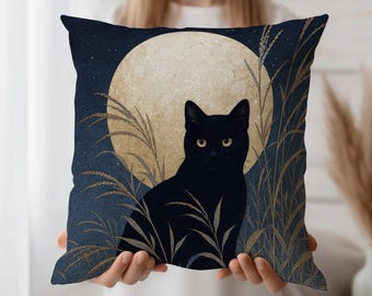 Black Cat Cushion Cover Full Moon Throw Pillow Case Celestial Gothic Decor for Witchy Home, Dark Nature Art Accent