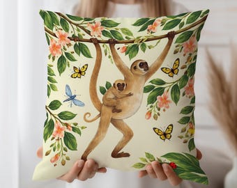 Capa de Almofada com Estampa de Macaco, Capa de Almofada com Estampa de Animais da Selva, Almofada para Quarto de Bebê com Tema Botânico, Capa de Almofada com Arte Tropical, Decoração Fofa de Animais Selvagens