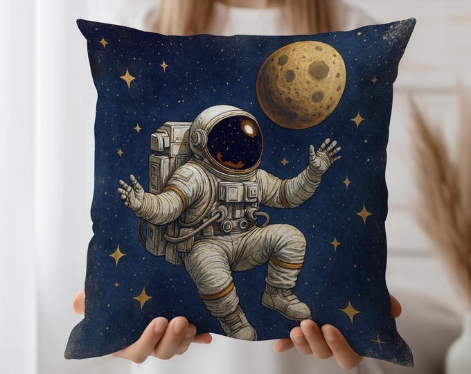 Astronaut Cushion Cover with Moon and Stars – Space Throw Pillow Case – Cosmic Galaxy Decor for Sci-Fi, Kids Room, or Outer Space Lovers
