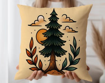 Forest Tree Cushion Cover, Nature Throw Pillow Case, Rustic Beige Sofa Decor, Woodland Cabin Accent, Autumn Leaves Couch Pillow