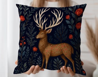 Deer Cushion Cover, Floral Stag Throw Pillow Case, Folk Art Nature Decor, Woodland Animal Accent, Dark Cottagecore Pillow