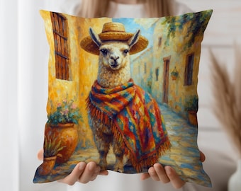 Llama Cushion Cover in Colorful Poncho and Hat, Southwestern Throw Pillow Case, Fun Global Decor Accent for Boho, Eclectic, or Kids Room