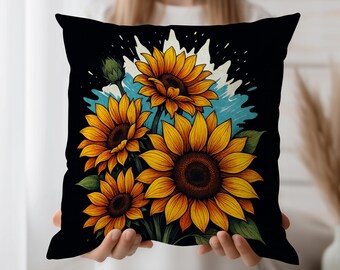 Sunflower Cushion Cover with Blue Splash – Bright Floral Throw Pillow Case – Vibrant Botanical Decor for Sofa, Porch, or Bedroom