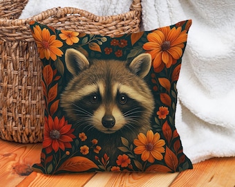Raccoon Cushion Cover with Autumn Flowers – Woodland Throw Pillow Case for Cozy Forest Decor, Nature Nursery, or Animal-Themed Homes