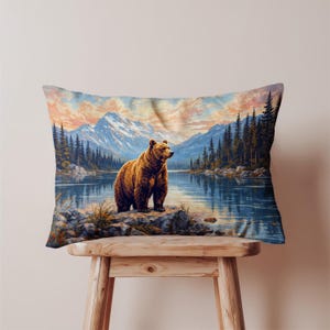 Grizzly Mountain Oblong Pillow Cover, Rustic Bear Throw Pillow Case, Forest Cushion Cover