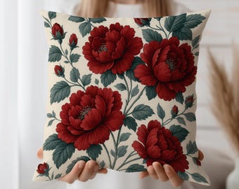 Red Peony Cushion Cover Vintage Floral Throw Pillow Case with Bold Botanical Print for Romantic Cottagecore or Traditional Decor