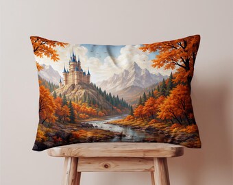 Castle Pillow Cover, Fantasy Landscape Lumbar Cushion, Autumn Forest Throw Pillow Case, Storybook Decor