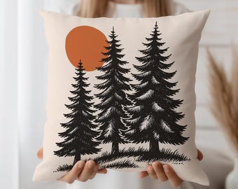 Rustic Pine Tree Cushion Cover Minimal Forest Throw Pillow Case with Sunset Art for Cabin Decor Woodland Couch or Nature Lover Gift