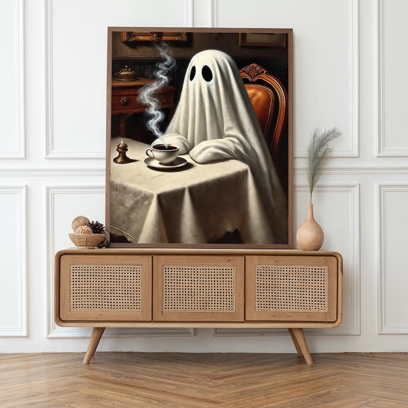 Quirky Ghost Drinking Coffee Art Print on Canvas Fun Halloween Wall Art ...