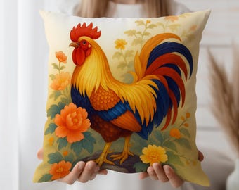 Rooster Throw Pillow Cover – Country Farmhouse Cushion with Vintage Floral Rooster Art – Rustic Pillow Case for Cozy Home Decor