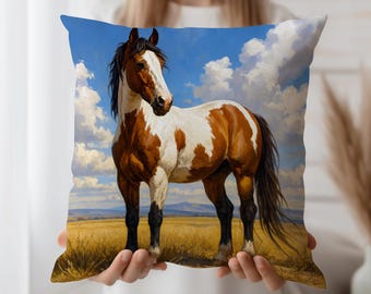 Realistic Horse Cushion Cover – Brown and White Paint Horse Throw Pillow Case for Rustic Farmhouse, Western Home, or Country Decor Accent