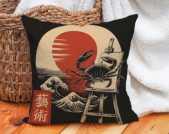 Crab Painting Cushion Cover – Japanese Wave Throw Pillow Case with Rising Sun Art for Coastal, Retro, or Boho Decor – Insert Not Included