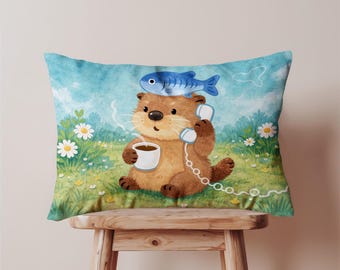 Talking Otter Lumbar Decorative Pillow Cover, Oblong Cushion Case, Whimsical Animal Cottage Decor