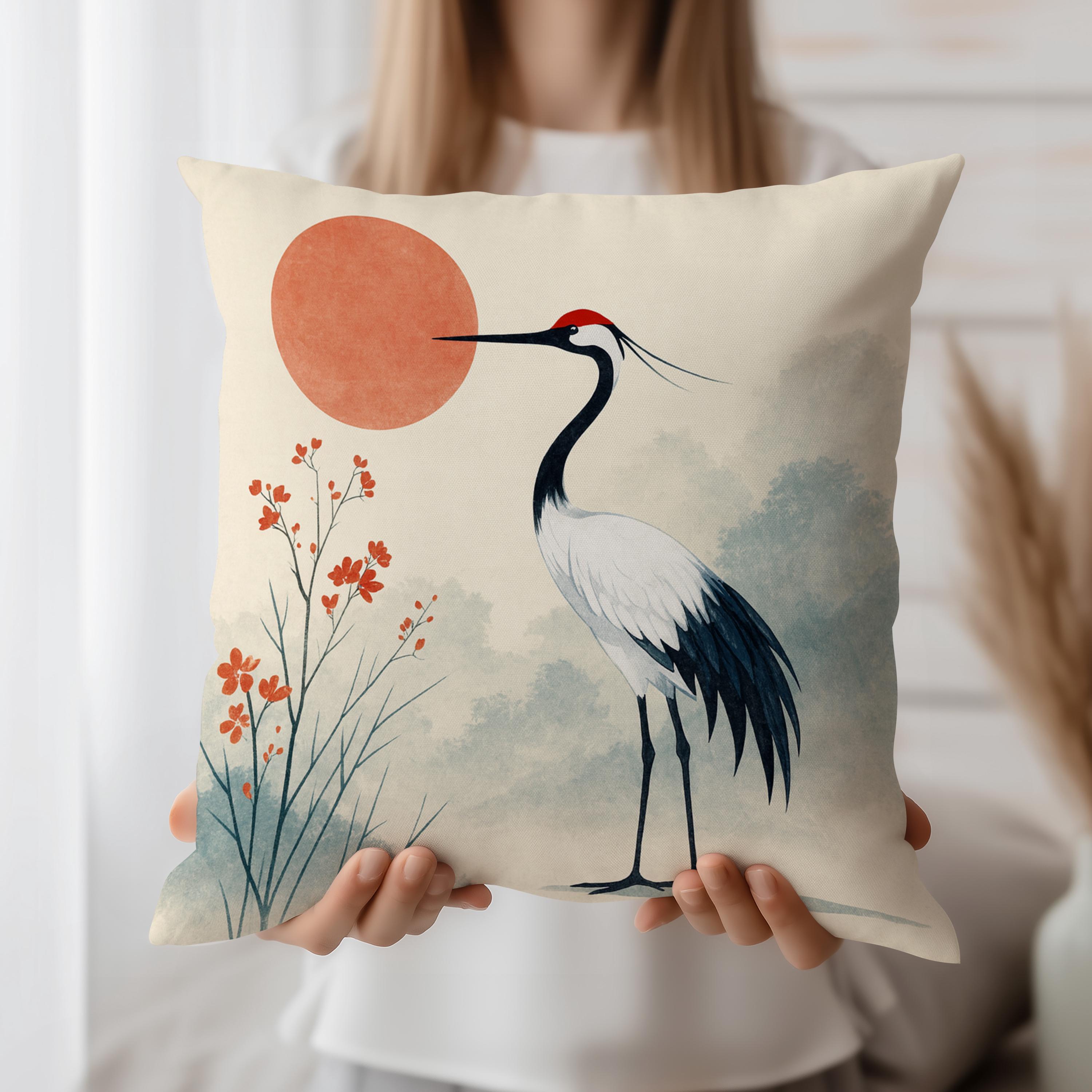 Crane Cushion Cover, Bird Throw Pillow Case, Minimalist Decor, Red
