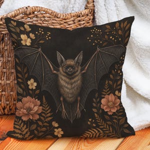 Bat Pillow Cover with Floral Gothic Design, Dark Aesthetic Throw Cushion for Witchy Decor, Halloween Accent or Gothic Home Gift