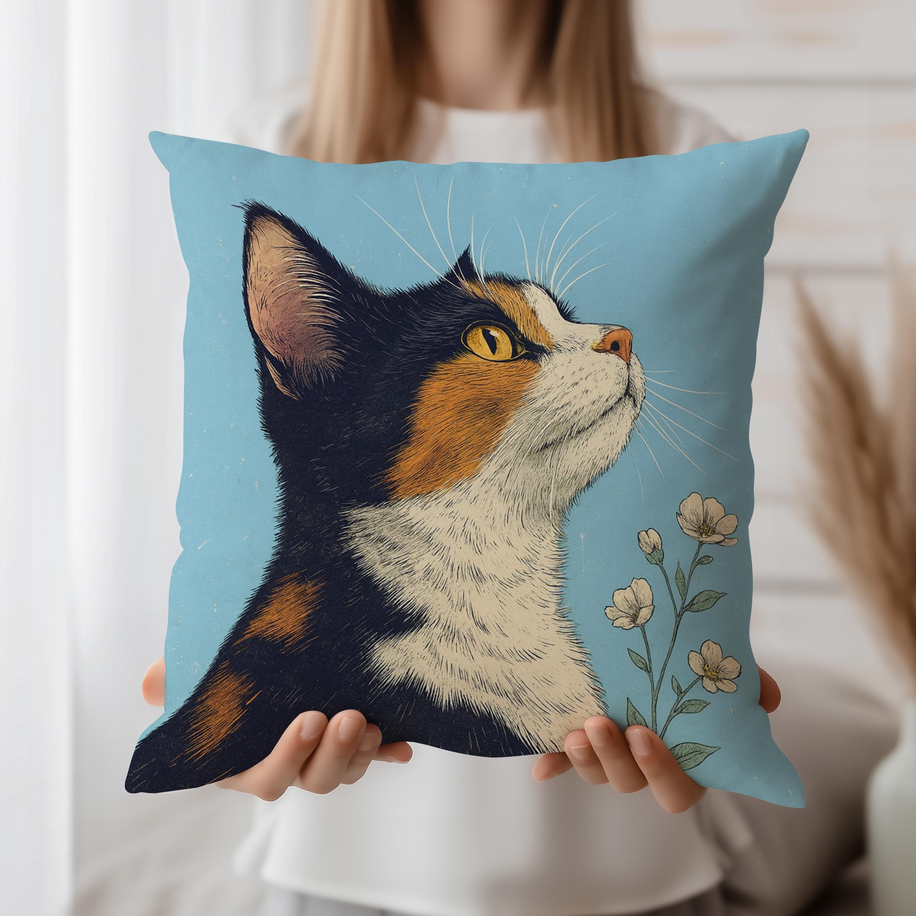 三毛猫クッションカバー、花柄クッションカバー、ブルーの猫好きのため