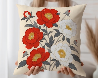 Bloemenkussenhoes Rood Witte Pioenprint Sierkussensloop voor Bank Decor Moderne Vintage Aziatische Stijl Thuis Accent Slaapkamer Woonkamer